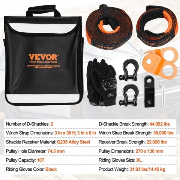 VEVOR off-road recovery kit with winch straps, d-shackles, gloves, and carrying case in black and orange.