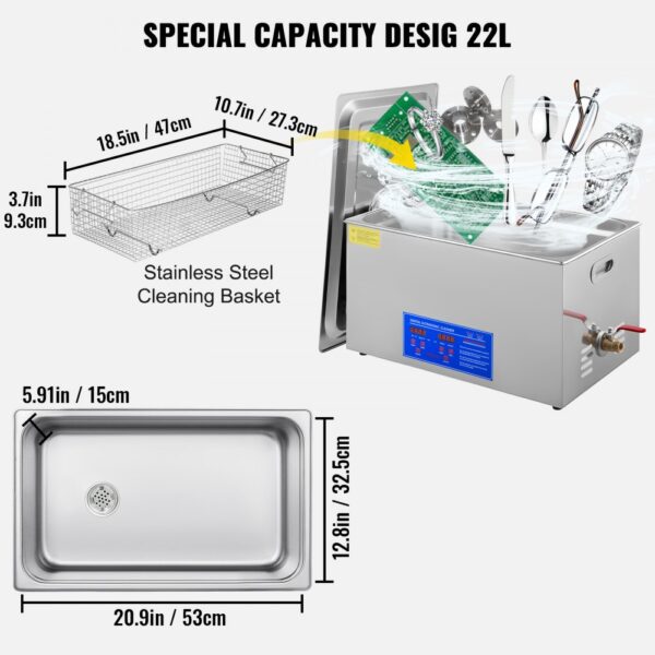 VEVOR 22L Ultrasonic Cleaner Machine Stainless Steel Ultrasonic Cleaning Machine Digital Heater Timer Jewelry Cleaning for Commercial Personal Home Use(22L)