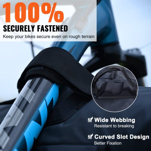 bike securely fastened with VEVOR tailgate pad, featuring wide webbing and a curved slot design for better fixation.