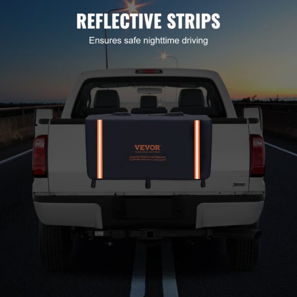 VEVOR tailgate pad with reflective strips on a white pickup truck, highlighting safe nighttime driving.