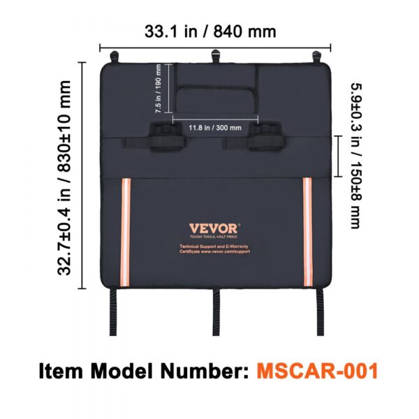 VEVOR tailgate pad mscar-001 dimensions: 33.1x32.7 inches, with contact information and orange stripes.