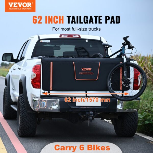 VEVOR tailgate bike pad on white truck carrying a bicycle, fits full-size trucks, 62 inches wide.