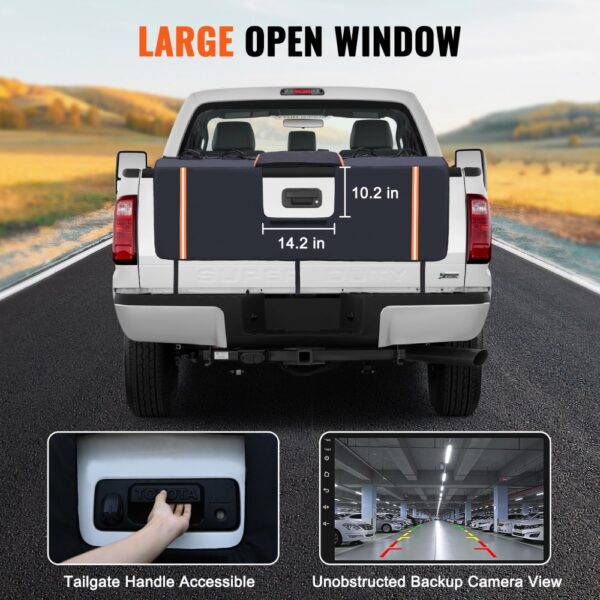 VEVOR tailgate bike pad with large open window, accessible tailgate handle, and clear backup camera view.