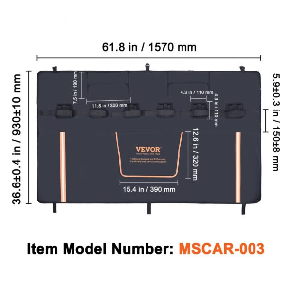 VEVOR tailgate bike pad mscar-003 with detailed measurements and storage features.