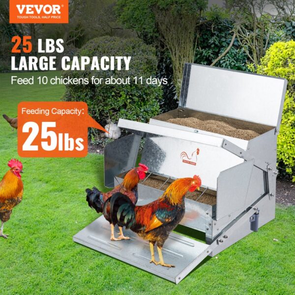 VEVOR automatic chicken feeder with 25lbs capacity, feeding 10 chickens for 11 days.