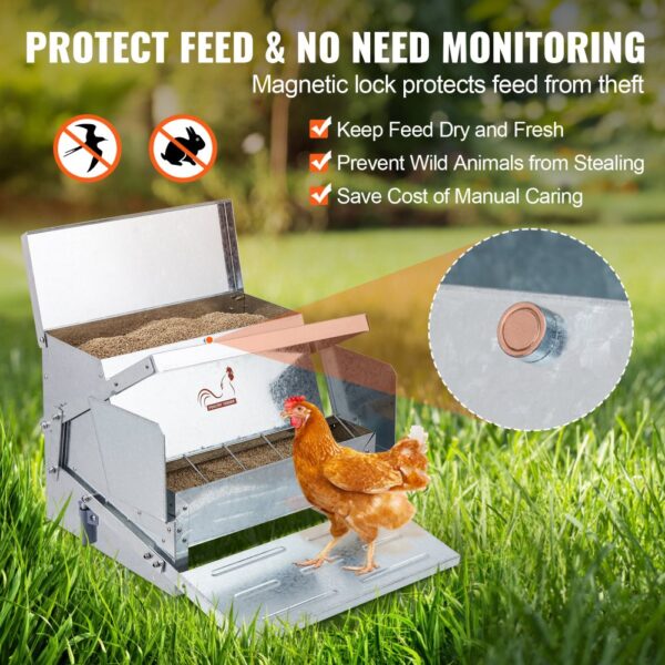 VEVOR automatic chicken feeder protects feed, prevents theft, and saves costs with a magnetic lock.