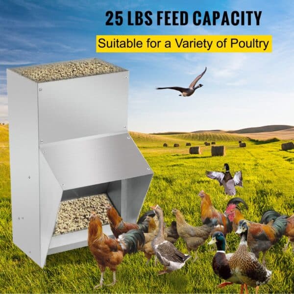 VEVOR galvanized poultry feeder in a field with various birds, 25 lbs feed capacity.