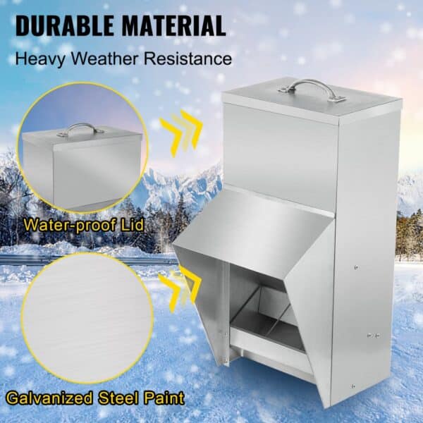 VEVOR galvanized poultry feeder with waterproof lid and galvanized steel paint in winter.