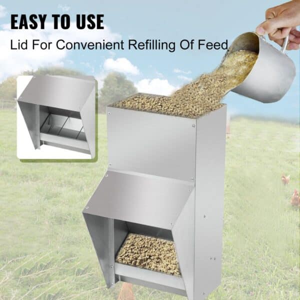 VEVOR galvanized poultry feeder with convenient lid for easy refilling of feed.