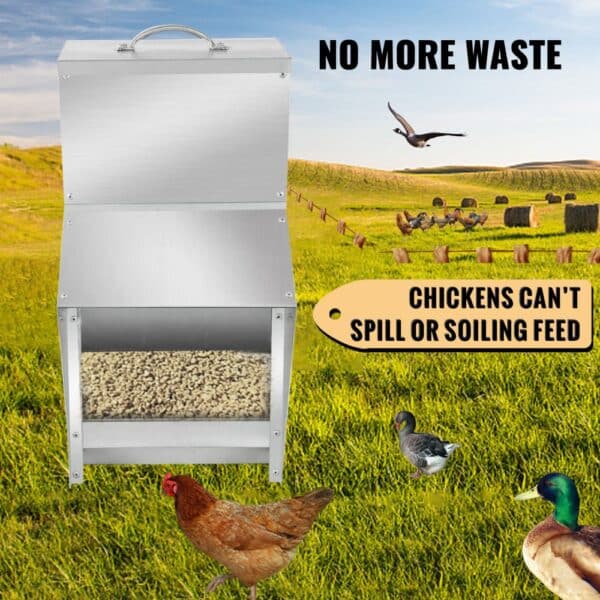 VEVOR galvanized poultry feeder in a green field with birds and "no more waste" text.