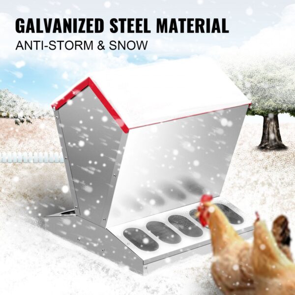 VEVOR galvanized poultry feeder in snowy outdoor setting. anti-storm design.