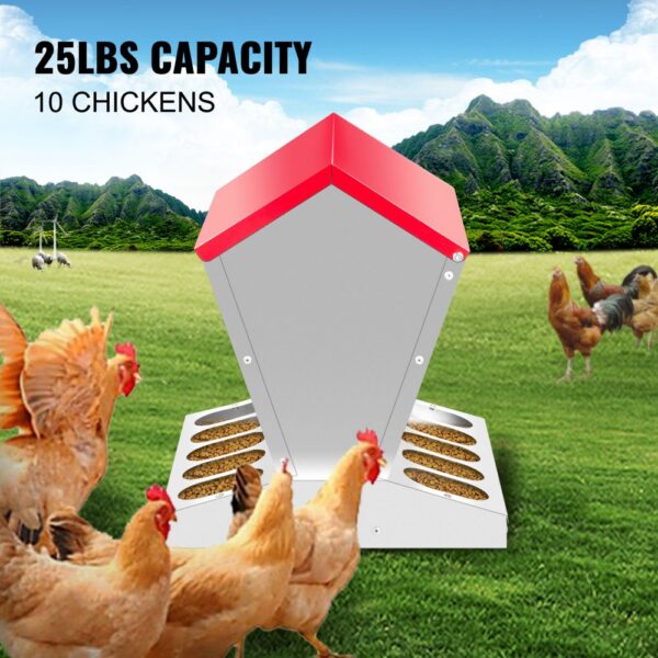 VEVOR galvanized poultry feeder with 25lbs capacity, feeding chickens in a green field.