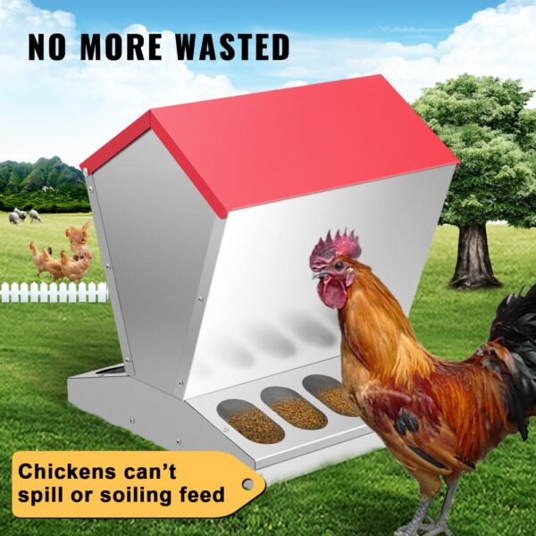 VEVOR galvanized poultry feeder with a red roof, chickens, and a rooster in a green field.