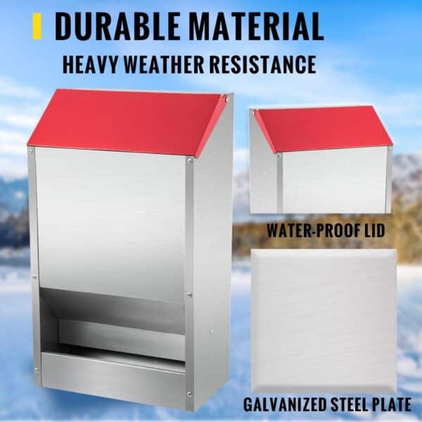 VEVOR galvanized poultry feeder with waterproof red lid and heavy weather resistance.