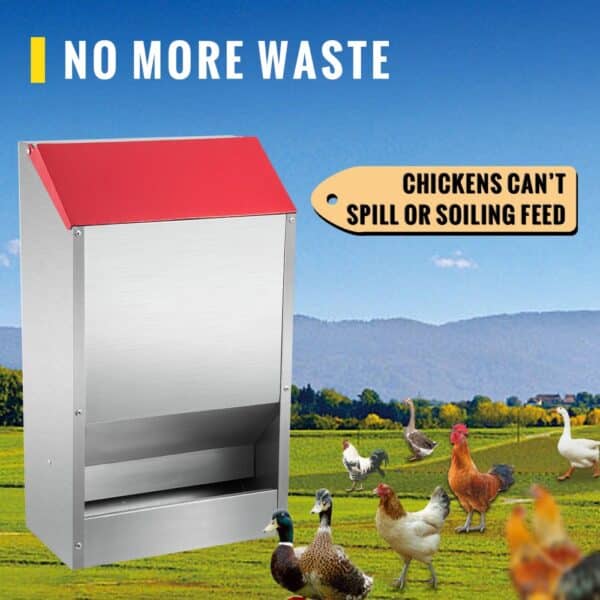 VEVOR galvanized poultry feeder preventing waste with chickens in a green field.