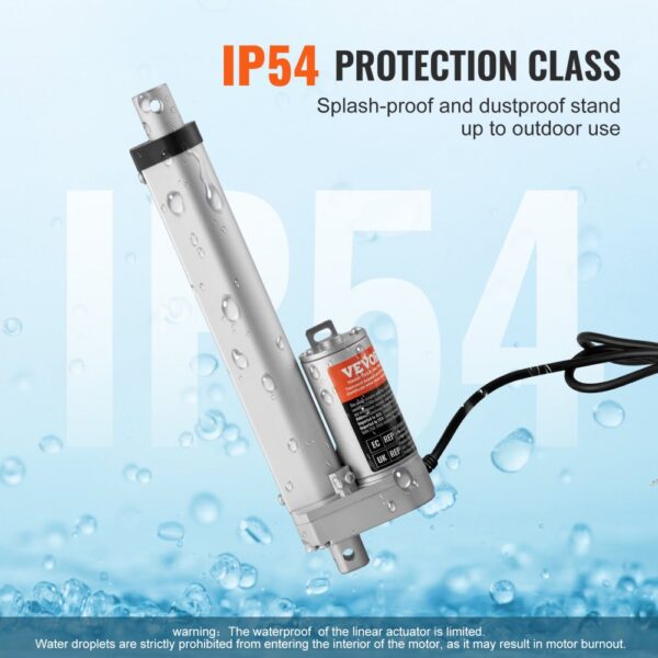 VEVOR 12v linear actuator ip54 rated, splash-proof and dustproof, standing against water droplets.