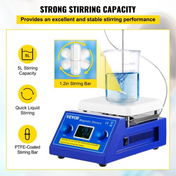 VEVOR Hotplate Magnetic Stirrer, 200-2000RPM Adjustable Speed, 5L Large Stirring Capacity w/ LED Display, Lab Magnetic Stirrer w/ Max 608°F/320°C Heating Temperature, for Lab Liquid Heating and Mixing