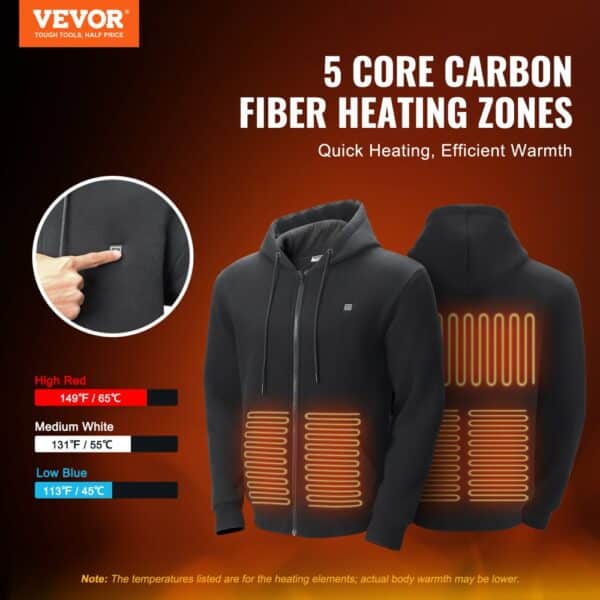 VEVOR Heated Hoodie Sweatshirt Zip Up Unisex with Battery for Men&Women L Black