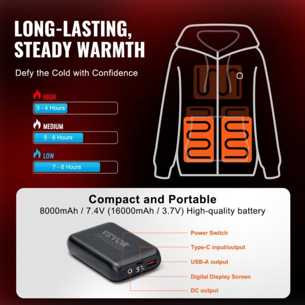 VEVOR Heated Hoodie Sweatshirt Zip Up Unisex with Battery for Men&Women L Black