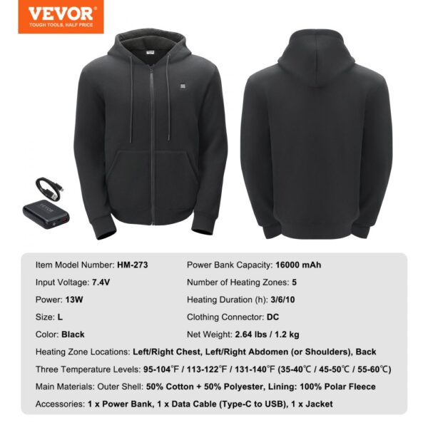 VEVOR Heated Hoodie Sweatshirt Zip Up Unisex with Battery for Men&Women L Black