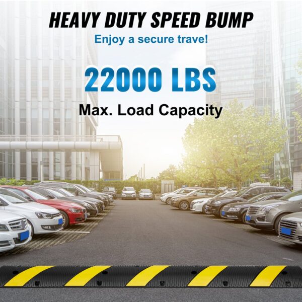 heavy-duty VEVOR rubber speed bump with 22000 lbs max load capacity near parked cars in a city setting.