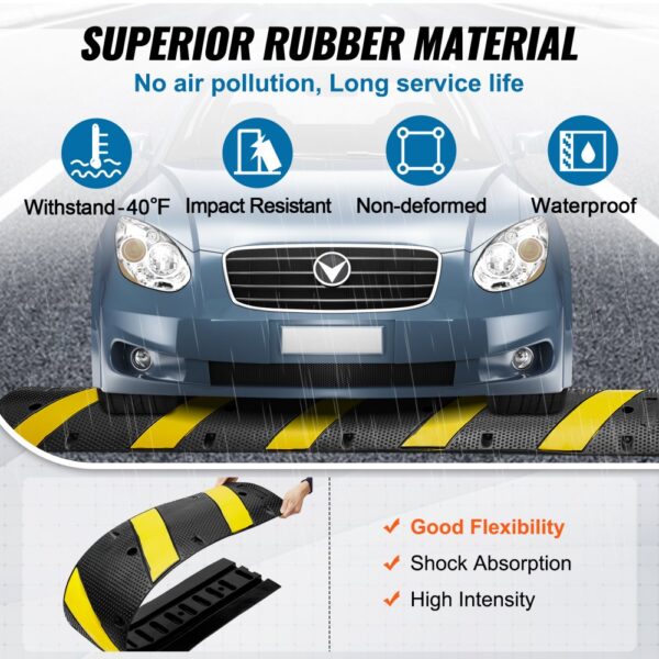 VEVOR rubber speed bump under car with rain, showcasing impact resistance, non-deformation, waterproofing.