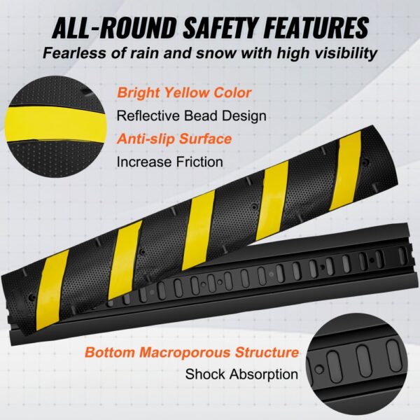 bright yellow VEVOR rubber speed bump with reflective stripes, anti-slip surface, and shock absorption.