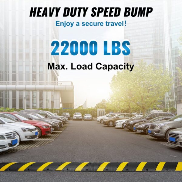 VEVOR rubber speed bump in a busy parking lot, boasting 22000 lbs max load capacity with parked cars.