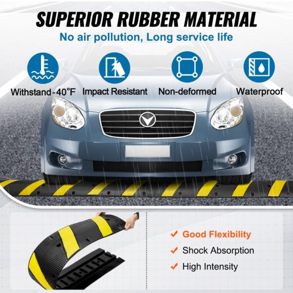 VEVOR rubber speed bump showing durability, flexibility, and resistance features with a blue car driving over.