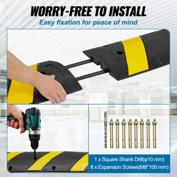 installing VEVOR rubber speed bump with drill and screws, easy fixation for peace of mind.