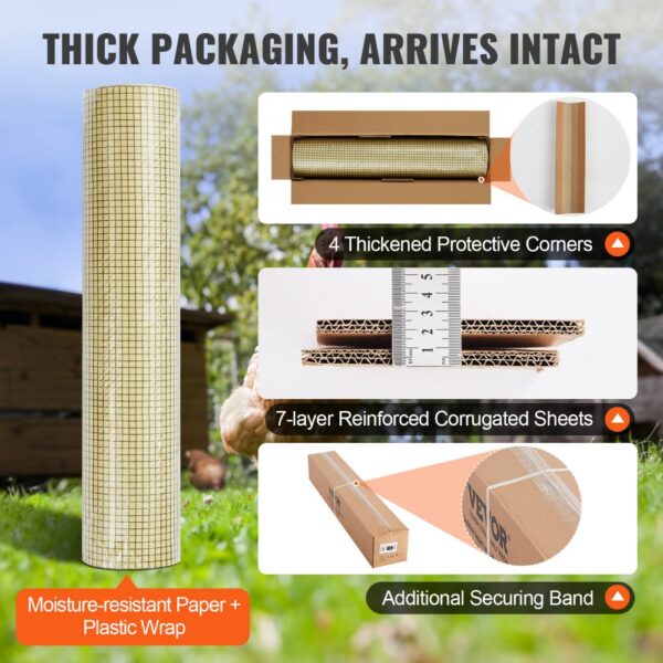 VEVOR chicken wire mesh roll in thick packaging with 7-layer reinforced sheets and protective corners.