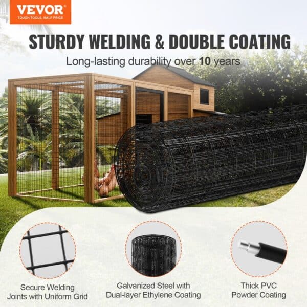 VEVOR hardware cloth with secure welding, galvanized steel, and pvc coating for outdoor durability.