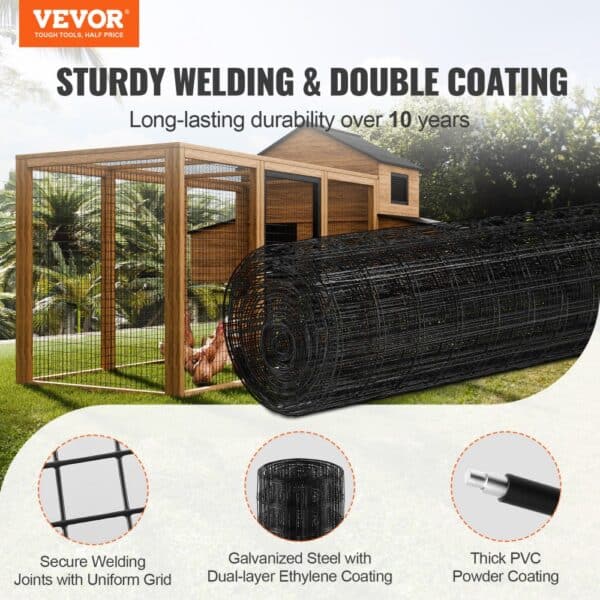 VEVOR hardware cloth roll with sturdy welding and double coating next to a wooden aviary enclosure.