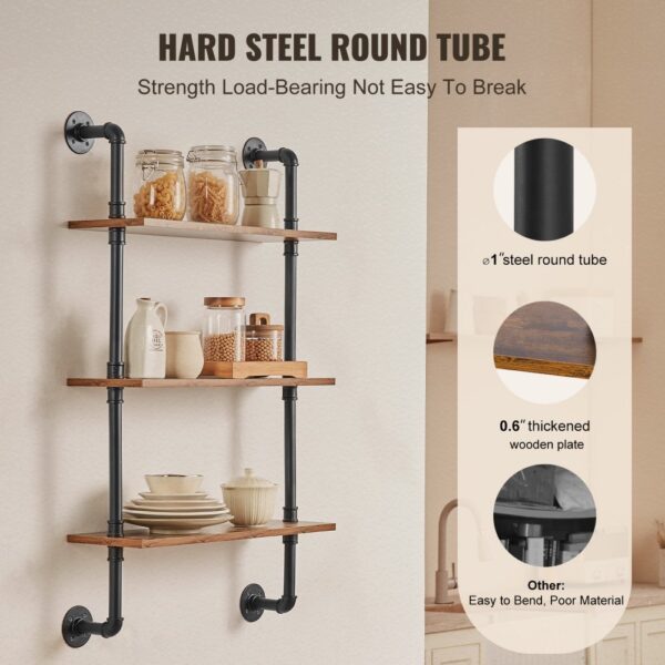 VEVOR Industrial Pipe Shelf 3 Tier 24x7.87in Wall-Mount for Kitchen Bedroom