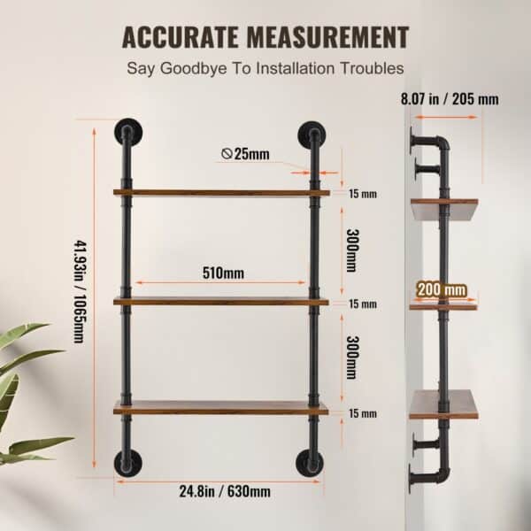 VEVOR Industrial Pipe Shelf 3 Tier 24x7.87in Wall-Mount for Kitchen Bedroom