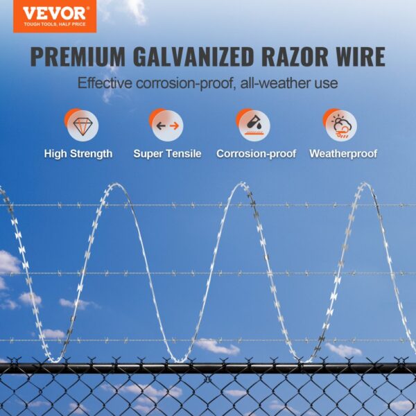 VEVOR razor wire fence with high strength, super tensile, corrosion-proof, and weatherproof features.