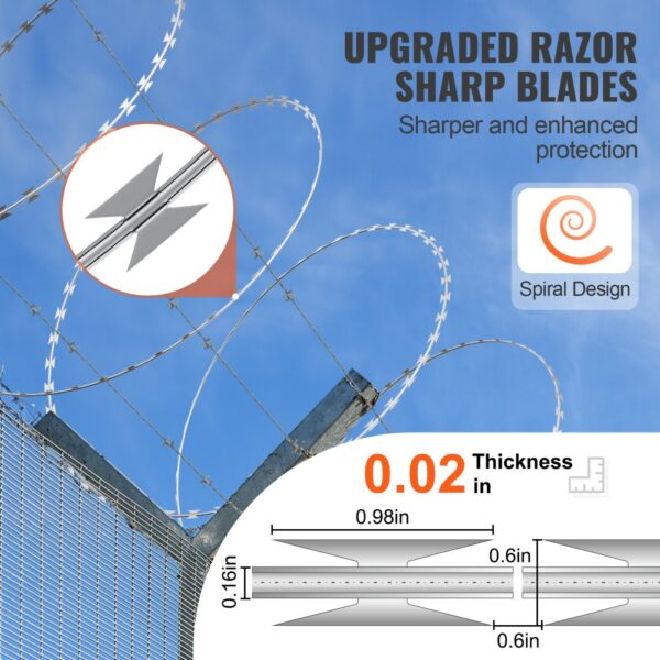 VEVOR razor wire fence with upgraded sharp blades, 0.02in thickness, spiral design, against blue sky.