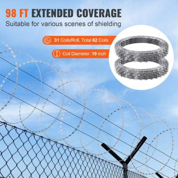 VEVOR razor wire fence, 98 ft extended coverage, 31 coils/roll, 19-inch coil diameter, blue sky backdrop.