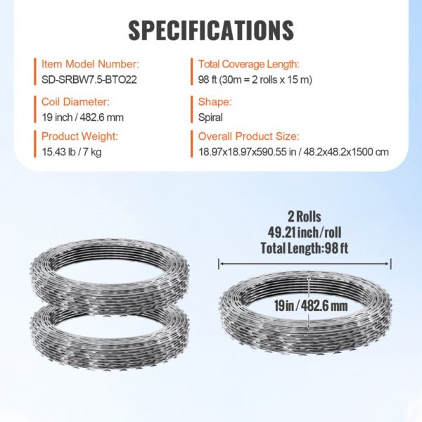 VEVOR razor wire fence: sd-srbw7.5-bto22, 19in diameter, 49.21in per roll, total length 98ft, spiral shape.