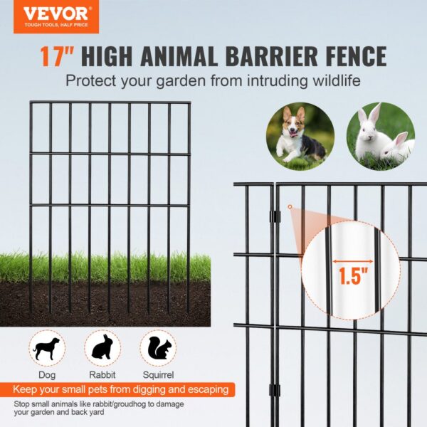 VEVOR animal barrier fence, 17" high, protects gardens from dogs, rabbits, and squirrels. 1.5" spacing.