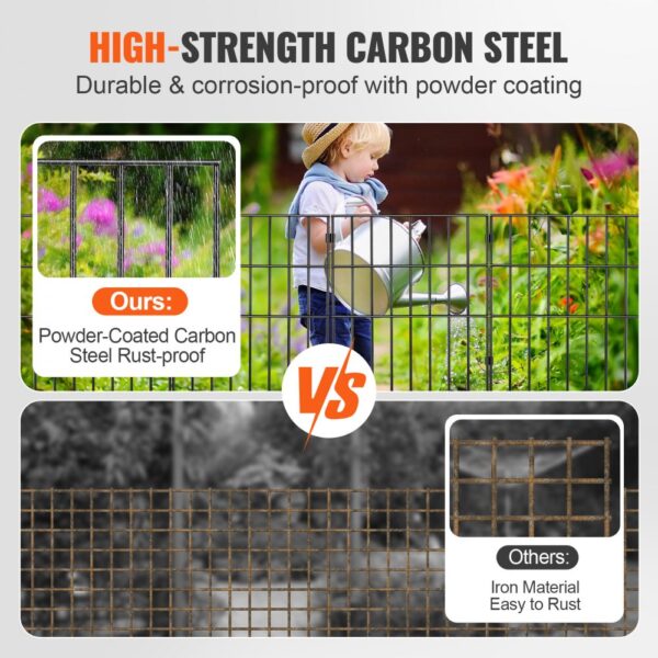 high-strength carbon steel powder-coated VEVOR animal barrier fence vs. rusting iron fence comparison.