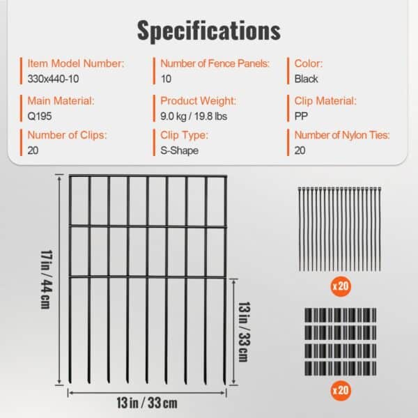 specifications of the VEVOR animal barrier fence, 10 panels, black, includes clips and nylon ties.