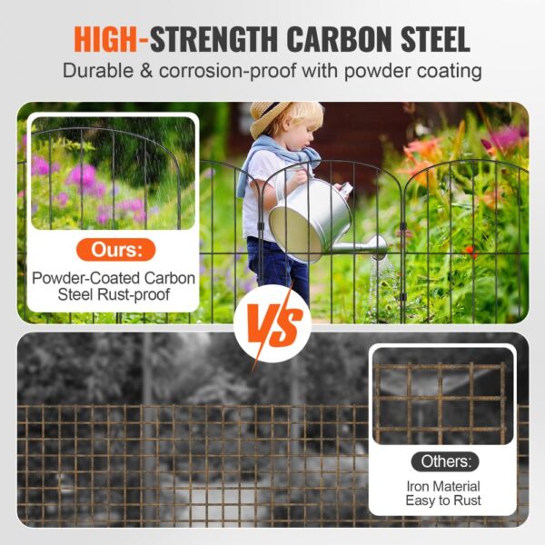 high-strength carbon steel VEVOR garden fence compared with rust-prone iron fencing, highlighting durability.