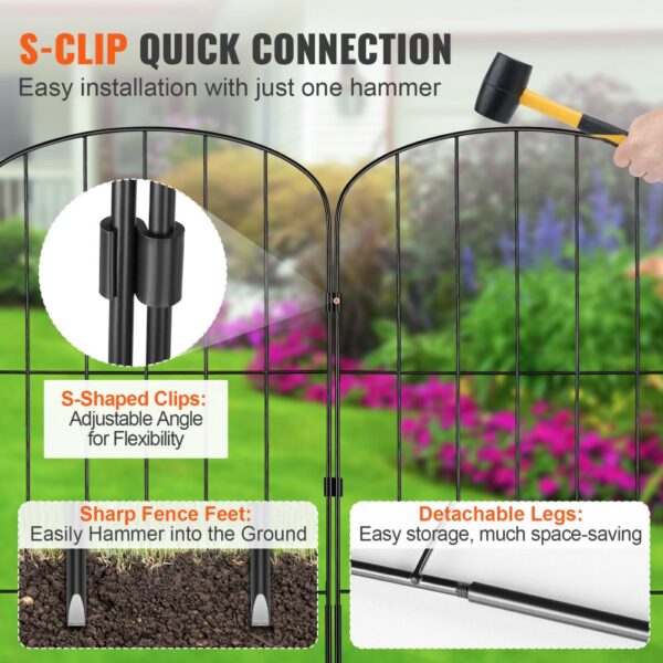 VEVOR garden fence with s-clip quick connection, easy hammer installation, adjustable clips, and detachable legs.