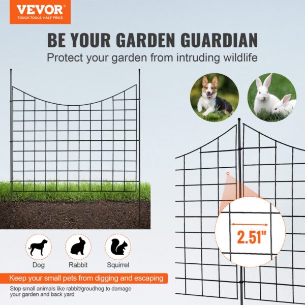 VEVOR garden fence protecting garden from dogs, rabbits, and squirrels with 2.51-inch grid panels.