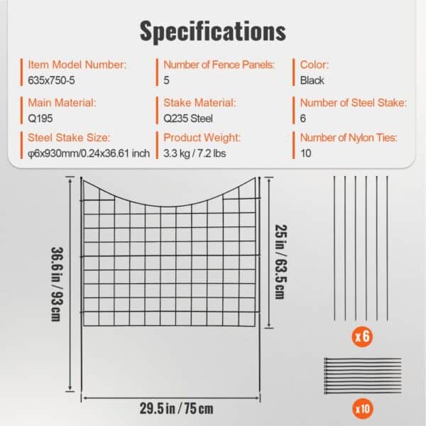 specifications for VEVOR garden fence: 5 black panels, 6 steel stakes, 10 nylon ties, 36.6x29.5 inches.