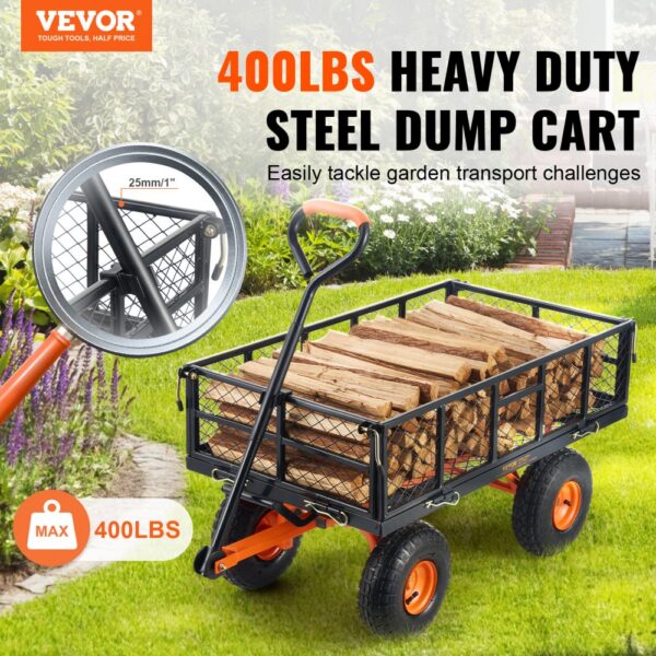 VEVOR dump cart, 400lbs heavy-duty steel, loaded with firewood, ideal for garden transport tasks.