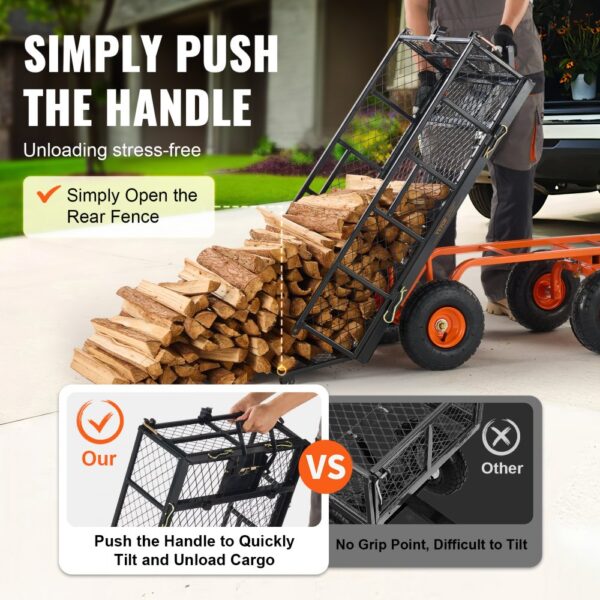 VEVOR dump cart unloading firewood, demonstrating easy tilt and quick-release rear fence feature.