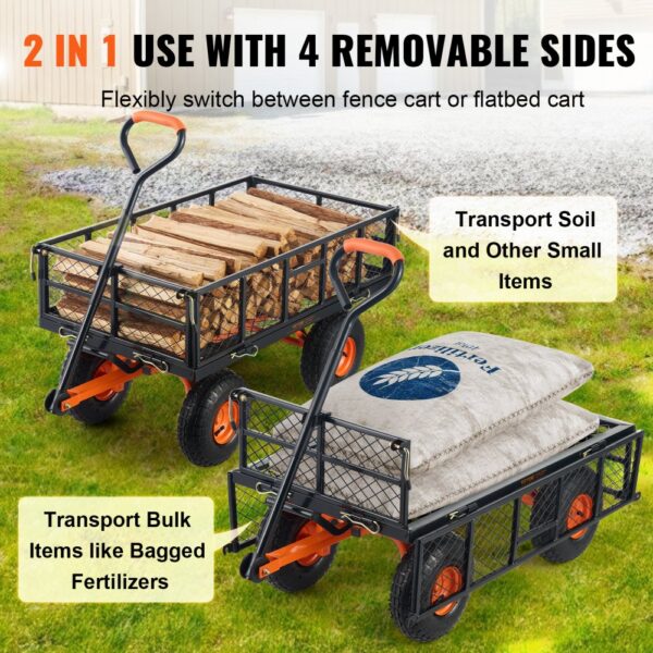 VEVOR dump cart with 4 removable sides transports logs, bags of fertilizer, soil, and small items.