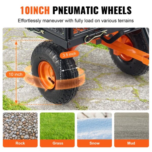 10-inch pneumatic wheels on VEVOR dump cart, suitable for rock, grass, snow, and mud terrains.